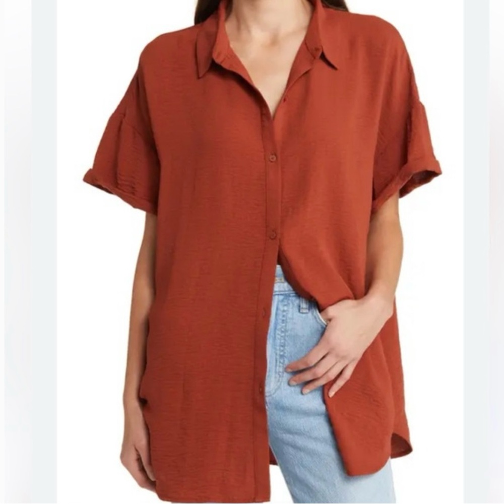 Treasure & Bond XS Rust Orange Button Front  Short Sleeve Oversized Tunic Shirt